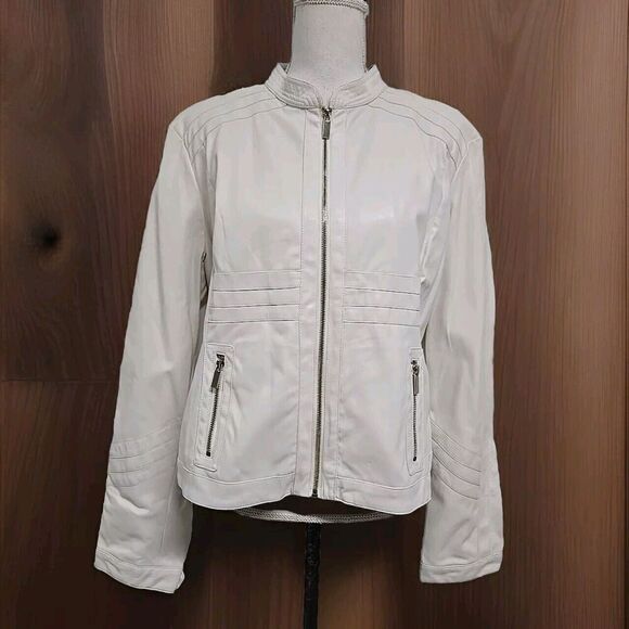 New York & Company Jackets & Blazers - New York & Company Faux Leather Moto Full-Zip Jacket Light Beige Women’s Size XL